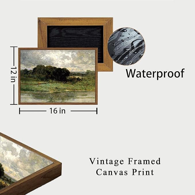 OIQArtOIQ Framed Vintage Landscape Wall Art Lake Natural Scenery Oil Painting Canvas Prints Country Farmhouse Decor Aesthetic Pictures for Kitchen Bedroom Living Room Bathroom