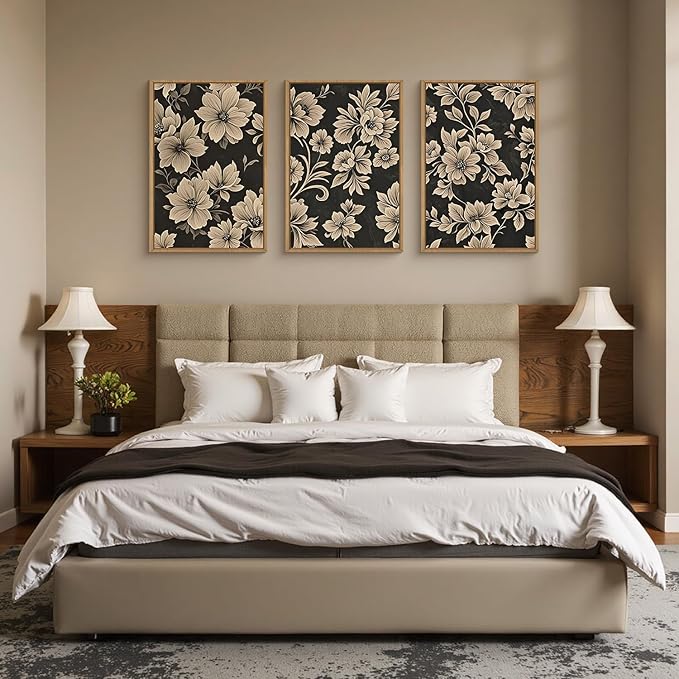 BICERE Large Vintage Floral Framed Canvas Wall Art Set,Mid Century Modern Flower Wall Decor,Neutral Wildflower Art Prints,Retro Botanical Plant Artwork for Living Room,Dining Room,Office-16"x24"x3