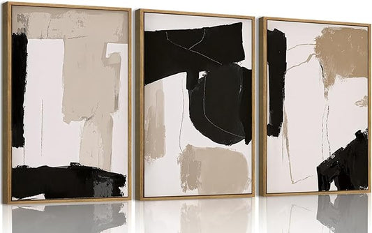 myusuar 3 Piece Large Modern Abstract Canvas Framed Wall Art For Living Room, Black And Beige Blocks Minimalist Wall Art Decor Posters Prints For Bedroom Office, 12x16in
