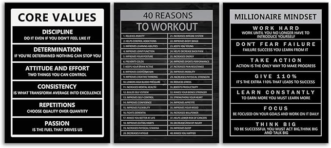 Inspirational Canvas Wall Art Millionaire Mindset Motivational Painting Core Values Inspiring Quotes Modern 40 Reasons to Workout Posters Prints Artwork Decor for Home Office Framed[36" W X 16" H]