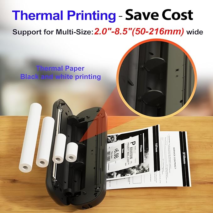 Bluetooth Portable Thermal Printers Wireless for Travel, Inkless Printer Support for 8.5"x11" US Letter & A4 Thermal Paper, Compatible with iOS, Android, Laptop & USB for Office Car Home