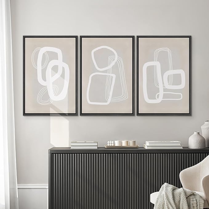SIGNWIN Framed Canvas Print Wall Art Set Mid-Century Geometric Polygon Variety Abstract Shapes Cozy Neutral Decorative Contemporary Minimal for Living Room, Bedroom, Office - 24"x36"x3 Black