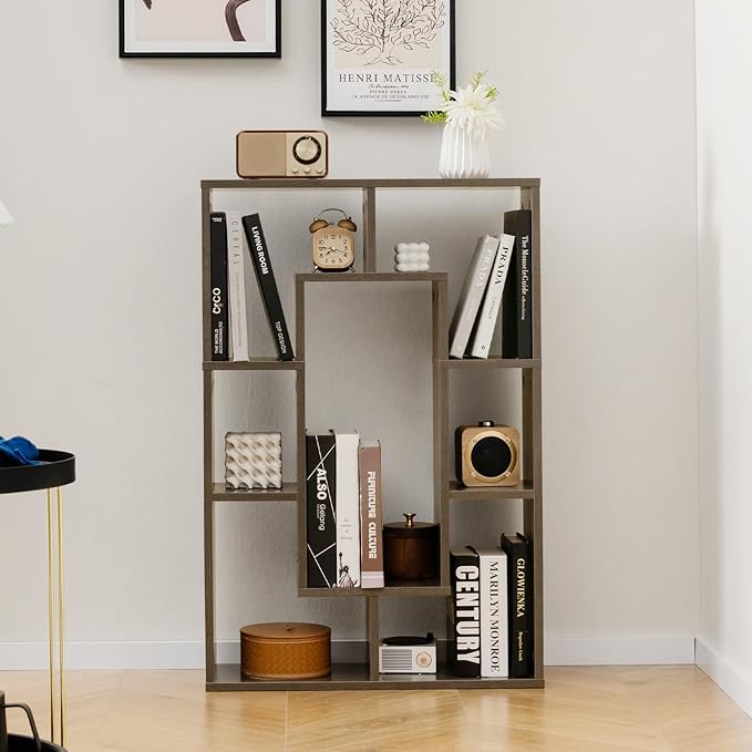 Tangkula 35.5” Geometric Bookshelf, Freestanding Wood Open Bookcase with 7 Cubes, Anti-Toppling Devices, Home Office Décor Rectangular Storage Shelf Display Rack for Study Living Room (1, Gray)