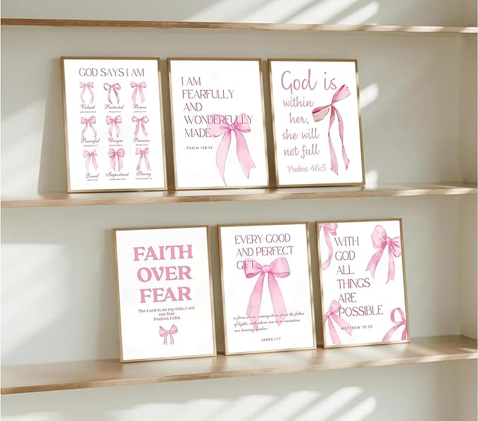 6Pcs Pink Christian Wall Art Inspirational Verse Posters Print Cute Coquette Bow Canvas Pictures for Girls Room Dorm Bathroom Bedroom Wall Decor 12x16In Unframed