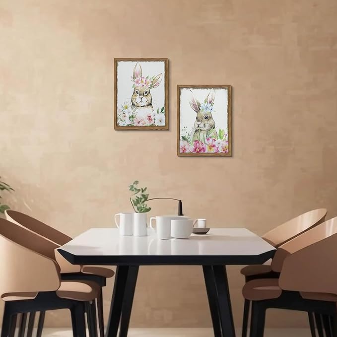 Framed Vintage Easter Wall Art Decor, Easter Bunny Picture Wall Decorations Set of 2, Spring Rustic Rabbit Poster Prints Painting for Kids Room Living Room Bedroom 12x16 Inch