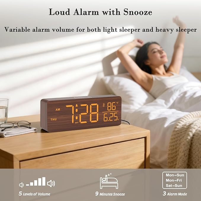 DreamSky Wooden Digital Alarm Clocks for Bedrooms – Large Display Desk Clock with Date & Day of Week for Living Room, Temperature, Dimmer, Adjustable Volume, Auto DST, Office Wood Décor (Plug-in)