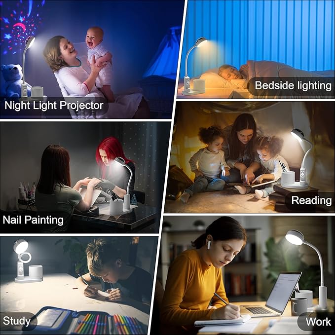 Cute Desk Lamp with Star Projector, Pink Desk Light 3 Brightness Levels Dimmable, Battery Operated, Foldable Portable Rechargeable LED Reading Lamp for Home Dorm Office Essentials Decor