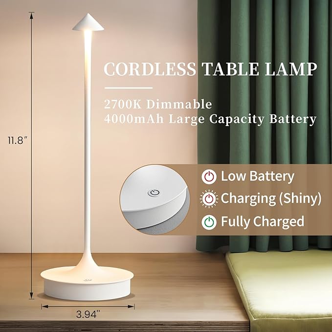 Cordless Table Lamp Rechargeable LED Battery Operated 4000mAh Table Lamp Touch Dimmable Lamp Outdoor Waterproof Portable Wireless Table Light for Dining Restaurant Bar Indoor/Outdoor Use (White-1PC)