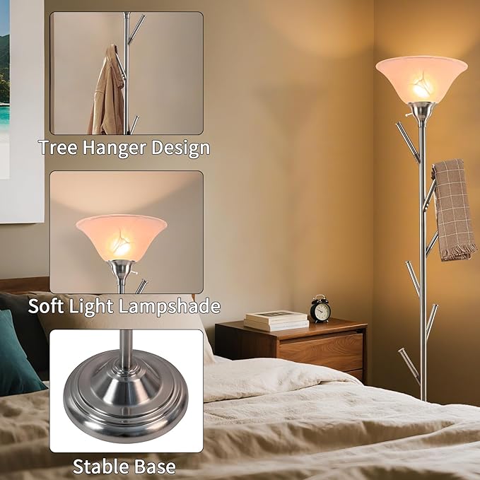 Tall Floor Lamp for Living Room, Torchiere Floor Lamps with 6 Hooks Clothes Rack, Coat Tree of Standing Lamp for Bedroom Office Corner