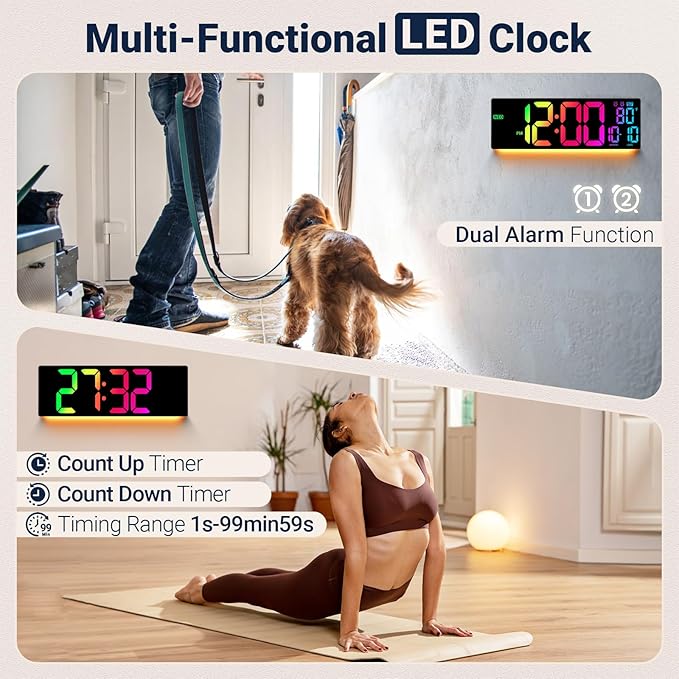 16.5" Large Digital Wall Clock: 11 RGB Color LED Display with Remote Control, Auto DST, Temperature & Date, Big Number Wall Clock for Seniors, Classroom, Office, Gym, Home Decor Black
