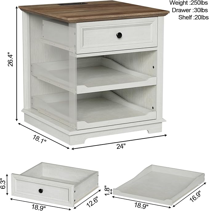 Lateral File Cabinet 3 Drawer File Cabinet with Charging Station, Printer Stand with Open Adjustable Storage Shelves, Lateral Filing Cabinet for Home Office