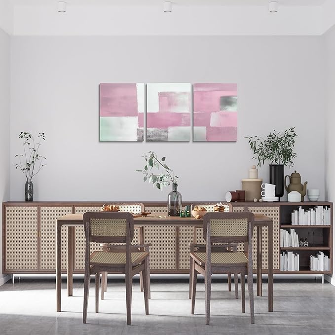 jejeloiu Modern Art 3 Piece Canvas Wall Art for Living Room Bedroom Abstract Art Picture Wall Decor 12"x16"x3pcs Pink Abstract Oil Painting Office Decorations Artwork Posters