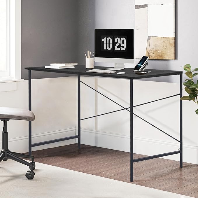 FurnitureR Home Office Desk 47.2-Inch, Simple Computer Desk with Sturdy Metal Legs, Multi-Purpose Writing Table for Students, Work, or Study, Black