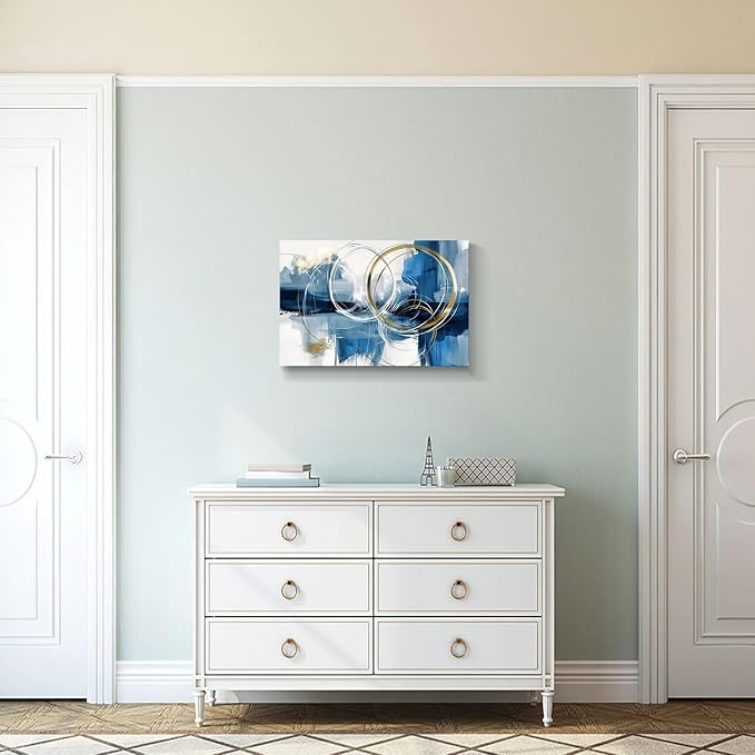 gaosoul Minimalist Abstract Canvas Wall Art Blue and Gold Doodles on White Background Painting Prints Stylish Framed Artwork for Living Room Bedroom Office Decor 24x16in
