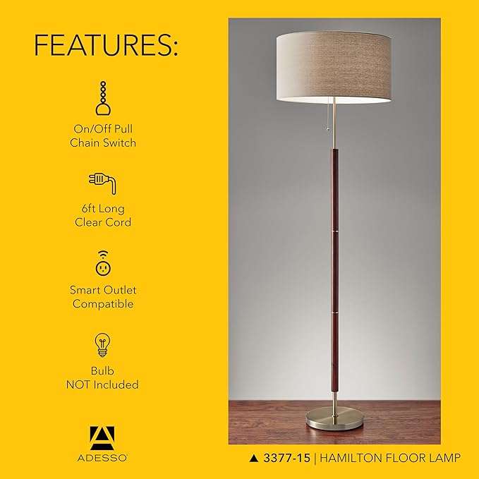 Adesso Floor Lamp with Natural Oak Veneer and Off-White Fabric Lampshade – 3-Way Adjustable Brightness, Lamp for Bedroom, Living Room, and House Décor, 60.25” x 21”