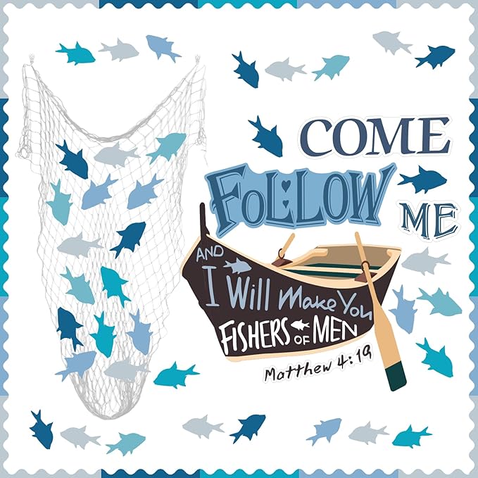 76 Pcs Christian Bulletin Board Decorations Set, Religious Fishers of Men Classroom Bulletin Board, Jesus Church Chalkboard Decorations Cutouts Kit for Sunday School Wall Decor Supplies