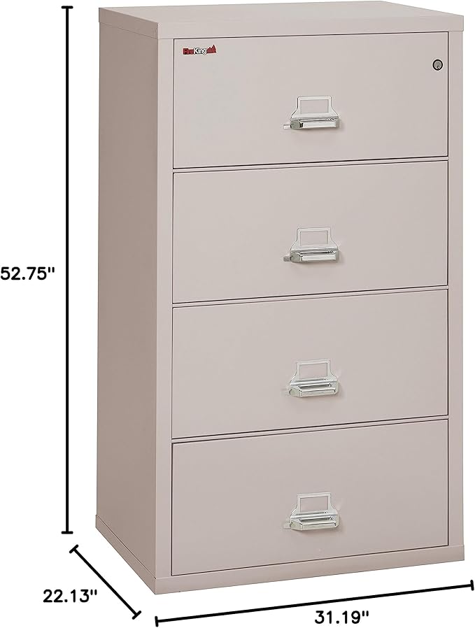 FireKing Fireproof Lateral File Cabinet (4 Drawers, Impact Resistant, Water Resistant), 31" x 22" D, Platinum, Made in USA