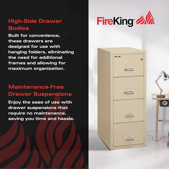 FireKing Fireproof Vertical File Cabinet, 4 Legal Sized Drawers, 52 .75in H, Made in The USA, 21 W x 31 D, (42131CPA)