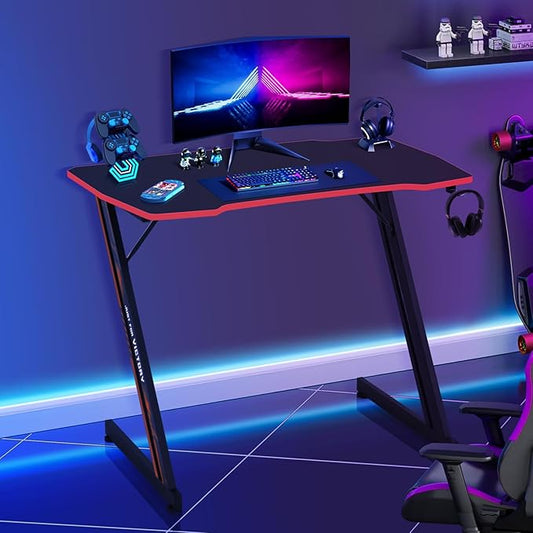 Gaming Desk 35 Inch Z-Shaped Gaming Computer Desk Modern Ergonomic PC Computer Table Home Office Desk Racing Style Gaming Workstation with Headphone Hook, Red