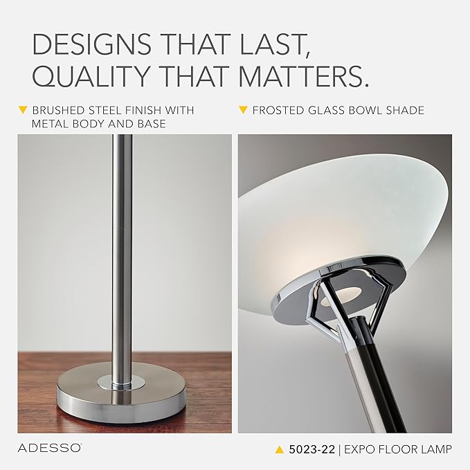 Adesso Floor Lamp with Brushed Steel and Chrome Finish - Perfect Lighting for Bedroom, Living Room and Corner Décor