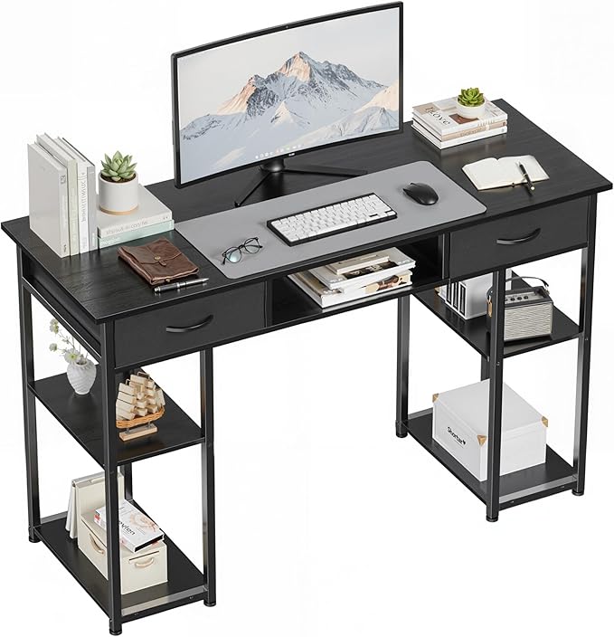 OLIXIS Desk with Storage Fabric Drawers-48 Inch Home Office Computer Desk for Small Space Bedroom,Modern Study Work Gaming Writing Table PC Desks,Chic Black
