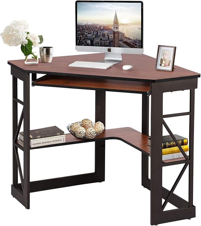 VECELO Corner Computer Desk 41 x 30 inches with Smooth Keyboard & Storage Shelves for Home Office Workstation, Teakwood Brown