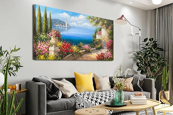 Arjun Landscape Wall Art Mediterranean Seascape Painting Tree Pink Flower Blue Ocean Picture Modern Scenery Green Artwork Large Framed for Living Room Bedroom Bathroom Home Office Wall Decor, 48"x24"