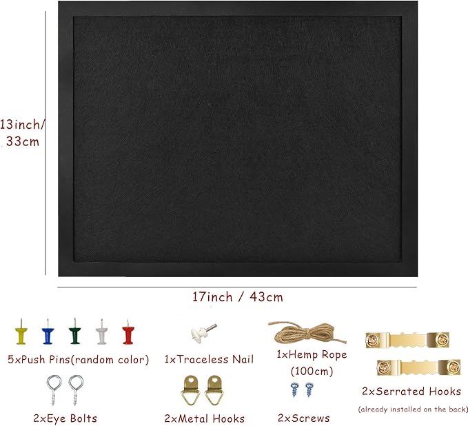 Black Bulletin Cork Board With Felt, 17"x13" Large Display Pin Vision Board for Walls, Jewelry, Notes, Collection, Photos, Office, Wood Framed, 2pc