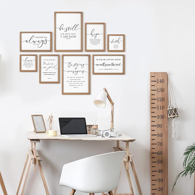 Faccito 8 Set Christian Wall Art Large Wooden Framed Farmhouse Bible Verses Home Decor Neutral Prayer Room Decor Minimalist Christian Scripture Wall Art for Home Office Living Room Bedroom Church