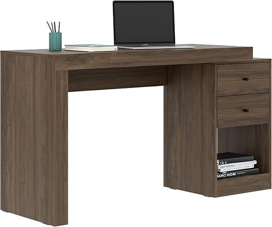 Expandable Desk with Storage Drawers & Open Shelf - Expands from 47 Inch to 57 Inch - Walnut Computer Desk with Printer Space - Modern Home Office Table with Drawers - Techni Mobili Blanco Collection