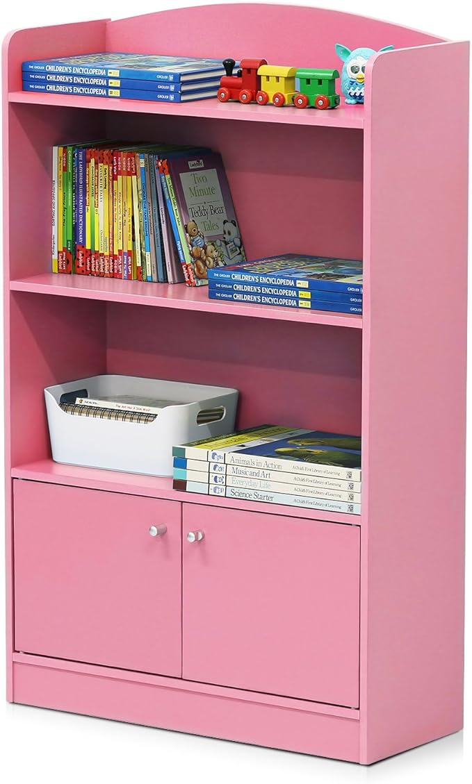 Furinno LOVA Book Shelf, Bookshelf with Storage Cabinet, Bookcase with Door, 11.8 x 23.6 x 37.3, for Living Reoom, Bedroom, Home Office, Pink