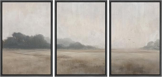 MUDECOR Framed Wall Art Print Set Serene MeadowTranquil Landscape with Foggy Fields and Distant Trees Illustrations Realism Decorative for Living Room, Bedroom, Office - 24"x36"x3 Black