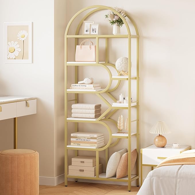 IDEALHOUSE Bookshelf 6 Tier Arched Bookcase 81.7in Tall Display Racks Geometric Open Storage Shelf Unique Book Rack Metal Frame Large Modern Book Shelf for Bedroom, Living Room, Home Office