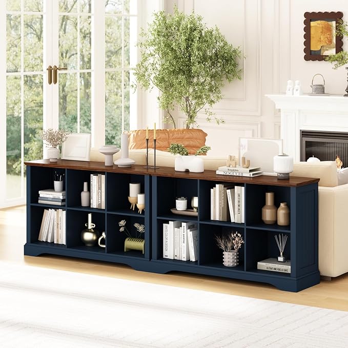 6 Cube Storage Organizer - 47.4" Farmhouse Wood Low Bookshelf, 3 Tier Horizontal Open Shelf Bookcase Cubby Storage Console Cabinet for Living Room, Entryway, Office, Navy Blue