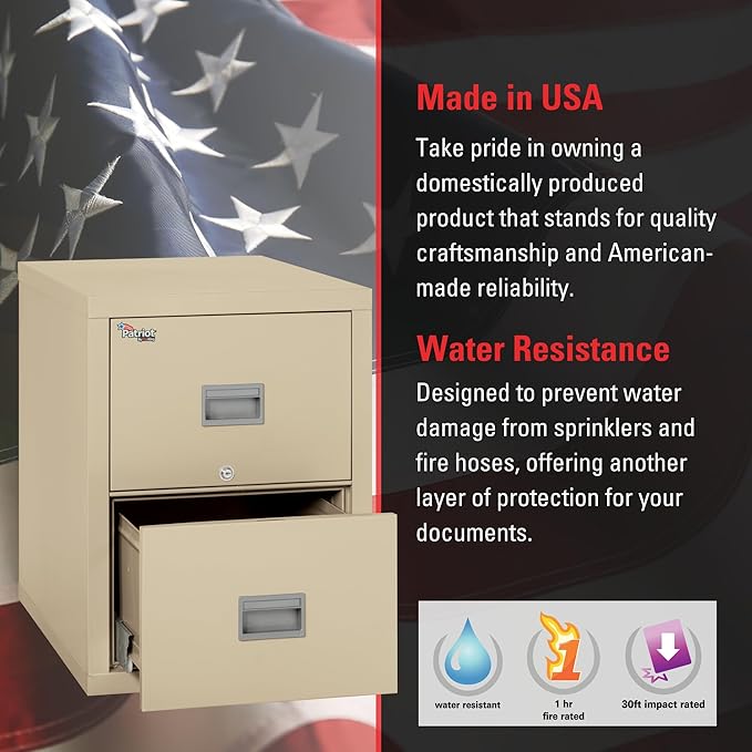 FireKing Patriot Vertical 2 Drawer Legal and Letter Fire Safe File Cabinet with Key Lock, 1 Hour Fire Rated, UL Rated & Water Resistant Home Safe, Made in The USA, Parchment