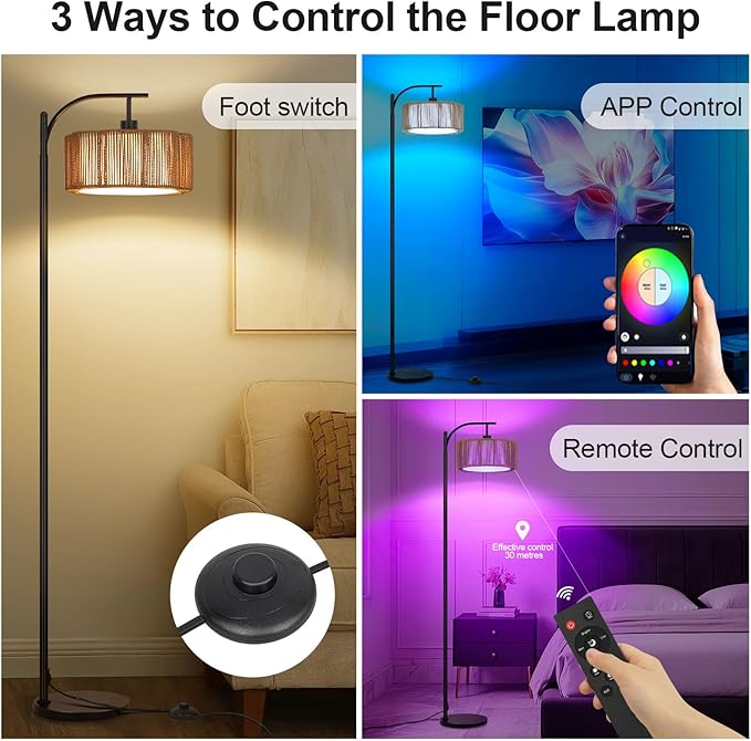 Boho Arc Floor Lamp for Living Room, Rattan Floor Lamp with Remote Control, Dimmable RGB LED Floor Lamps, Bohemian Black Standing Lamp Tall Lamp for Bedroom Office