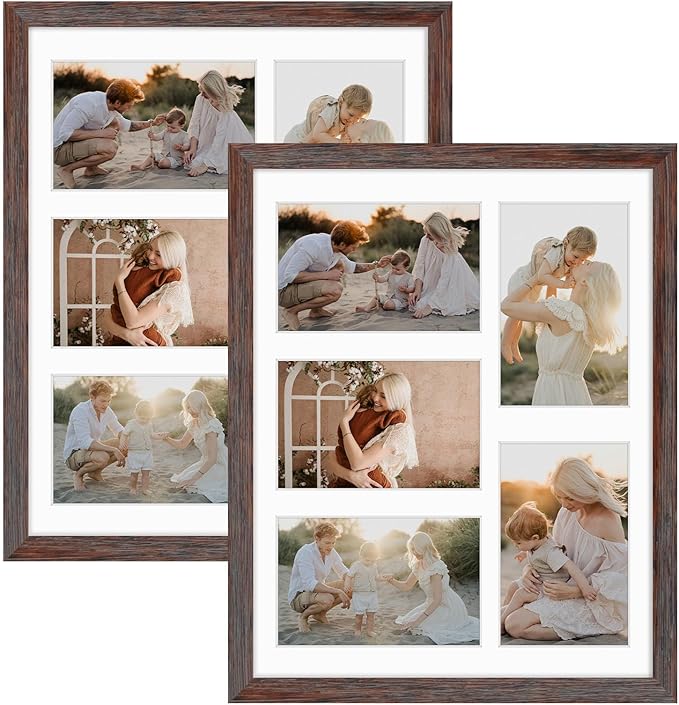 Golden State Art, 11x14 Distressed Brown Wooden Frame with White Mat - Displays Five 4x6 Photos - Tempered Glass - Wall Mounting, Portrait, Set of 2