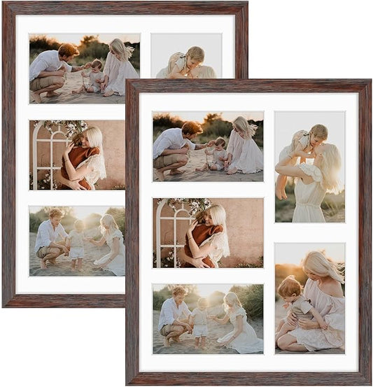 Golden State Art, 11x14 Distressed Brown Wooden Frame with White Mat - Displays Five 4x6 Photos - Tempered Glass - Wall Mounting, Portrait, Set of 2