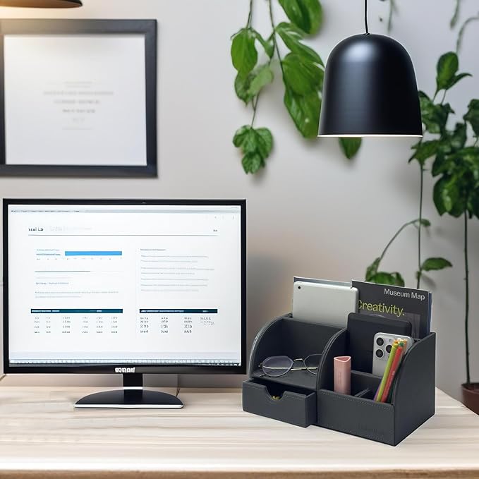 UnionBasic Desk Organizer - Multifunctional Leather Desktop Pen Holder Storage Box - Business Card/Pen/Pencil/Mobile Phone/Stationery Holder, Taiga Dark Gray