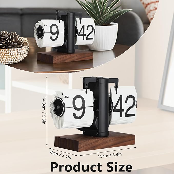FOSA Flip Desk Clock, Retro Vintage Flip Desk Table Clock, Digital Sided Large Numbers Mechanical Flip Clock Wood Base for Living Room, Study Room and Office（Black）