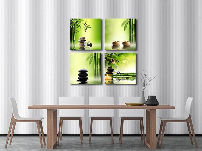 Pyradecor 4 Panel Perfect Bamboo Green Pictures Paintings on Canvas Prints Wall Art Large Modern Gallery Wrapped Zen Artwork for Living Room Bedroom Home Office Decorations 50x50cmx4pcs