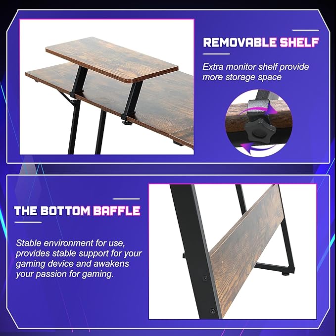 NChanmar L Shaped Gaming Desk with Monitor Riser Stand, Home Office Corner Desk for Studying, Working and Gaming, Large Desktop, Brown