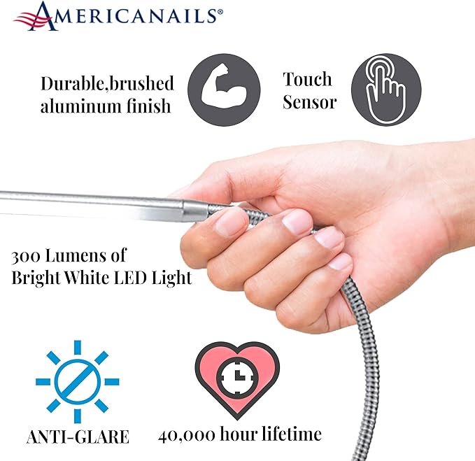 Americanails FlexiLamp Touch - LED Table Desk Lamp - Removable Clamp - Adjustable Lighting for Nail Stations - Manicure Table Light - Flexible Arm – 3 Brightness Levels - Touch Sensor - 300 Lumens