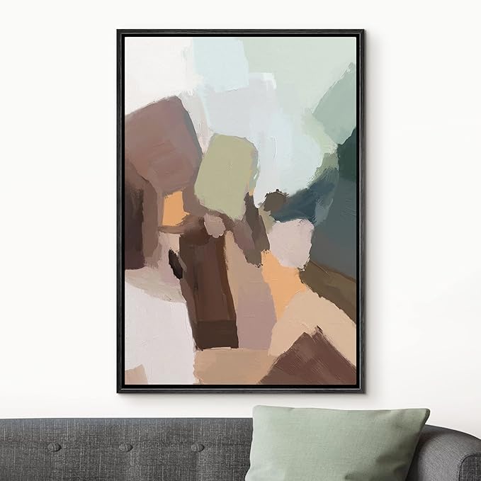 MUDECOR Framed Canvas Print Wall Art Multicolor Brown Green Watercolors Abstract Shape Illustrations Modern Art Decorative Bohemian Colorful Chic for Living Room, Bedroom, Office - 24"x36" Black