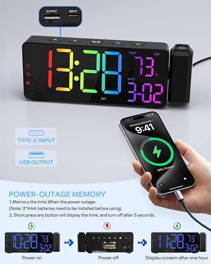 Projection Alarm Clocks, RGB Desk Clock with 180° Rotatable Projector 15 Color Display, Date Temperature and Weekday, DST, Snooze, Ambient Lighting for Living Room,Bedroom Bedside Office Decor