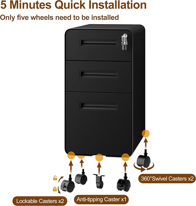 3 Drawers Slim File Cabinet, Mobile Filing Cabinet with Lock, Steel, Fully Assembled Except Casters, for Home Office, for A4, Letter, Legal File Folders, Black