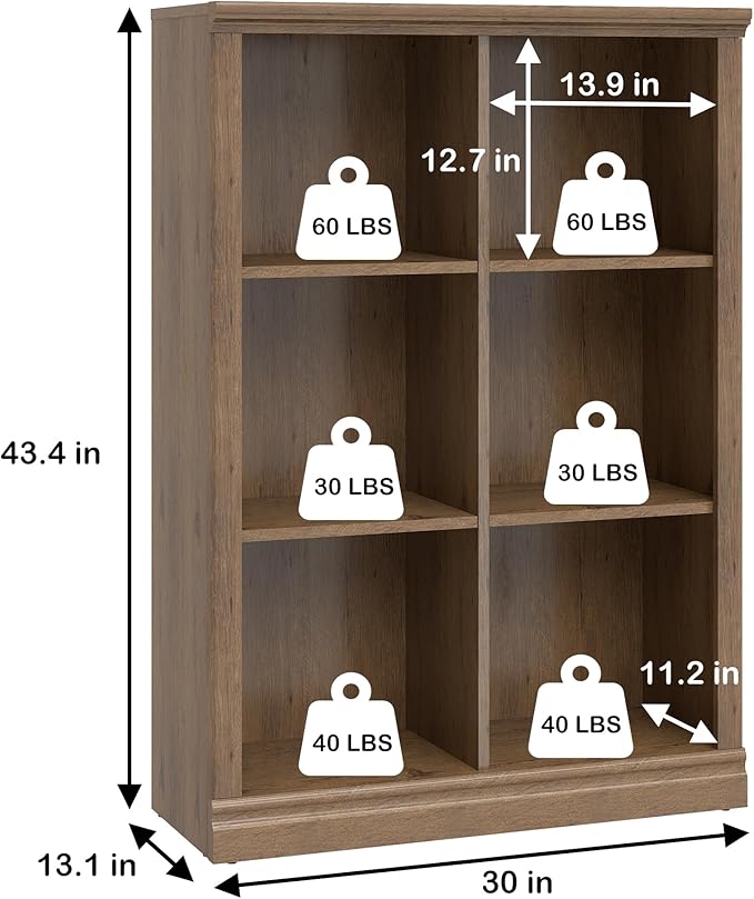 6 Cube Storage Organizer Bookcase - 3 Tiers 6 Storage Cube Adjustable Space Book Case, Display Cabinet Organizer, 30 inch Width Horizontal Bookshelf for Home Library Office, Vintage Oak