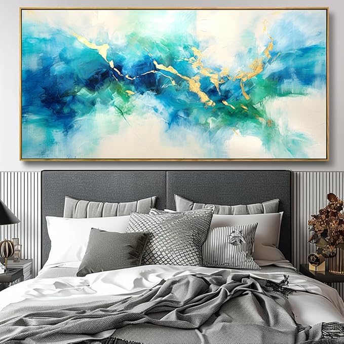 Wall Art Abstract Canvas Painting Green Blue and Gold Fantasy Wall Decor Modern Artwork for Bedroom Living Room Dining Room Home Office Decor 30"x60" with Framed