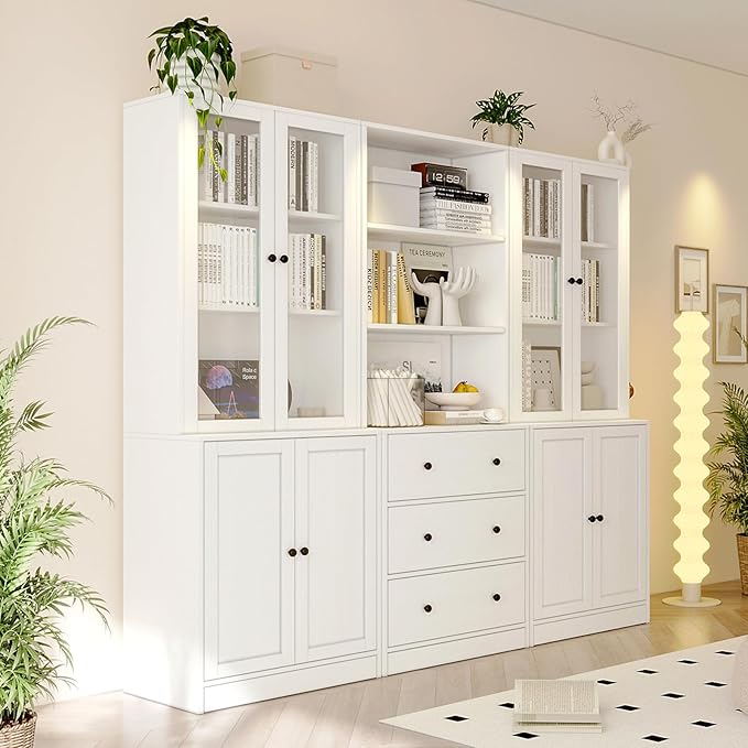 TUSY 71" H Bookshelf with Storage, 6-Tier Modern Bookshelves with 3 Large Drawer, Display Bookcase with Glass Doors, Modern 5-Tier Curio Cabinet for Home Office, Dining Room (White, ABA)