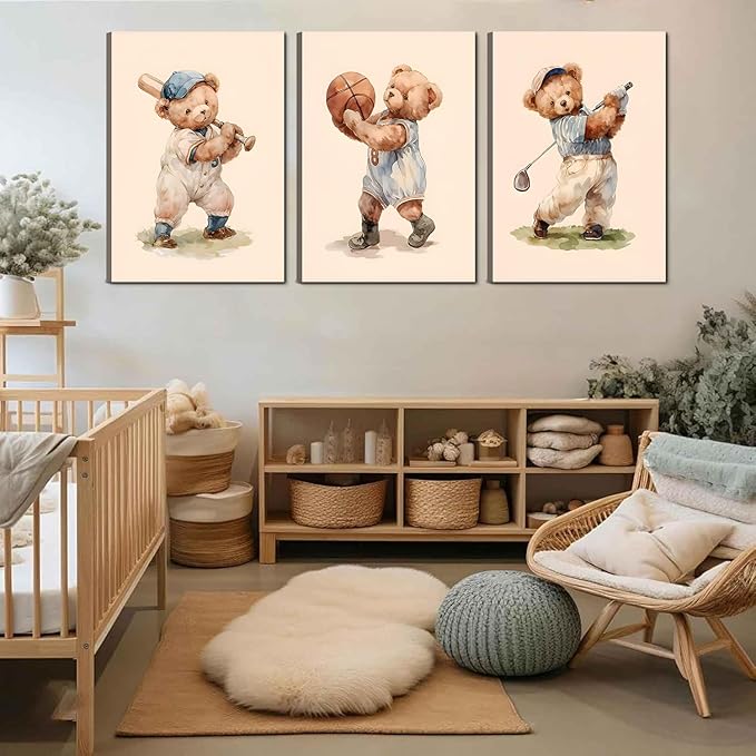 Teddy Bear Sports Nursery Animal Canvas Wall Art Cute Woodland Rugby Wall Decor Pictures Vintage Basketball Baseball Kids Room Poster Prints for Boys Room Bedroom Playroom Decorations16x24in canvas